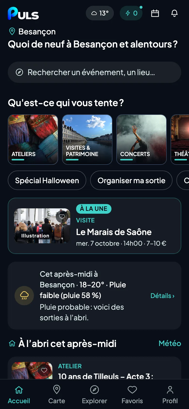 L’accueil de PULS : les sorties du jour à Besançon et alentours, la météo et les catégories