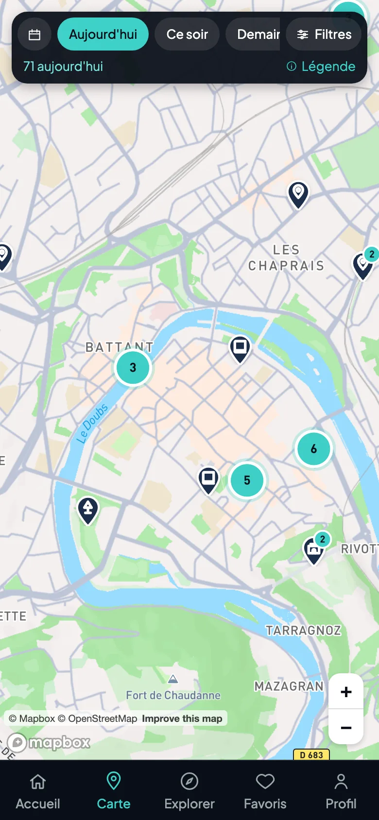 Carte des sorties du jour à Besançon dans PULS
