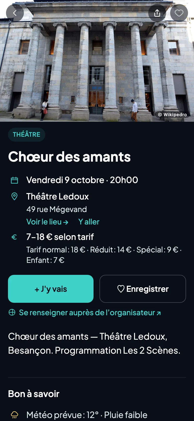 Fiche d’un spectacle dans PULS : date, lieu, prix, itinéraire